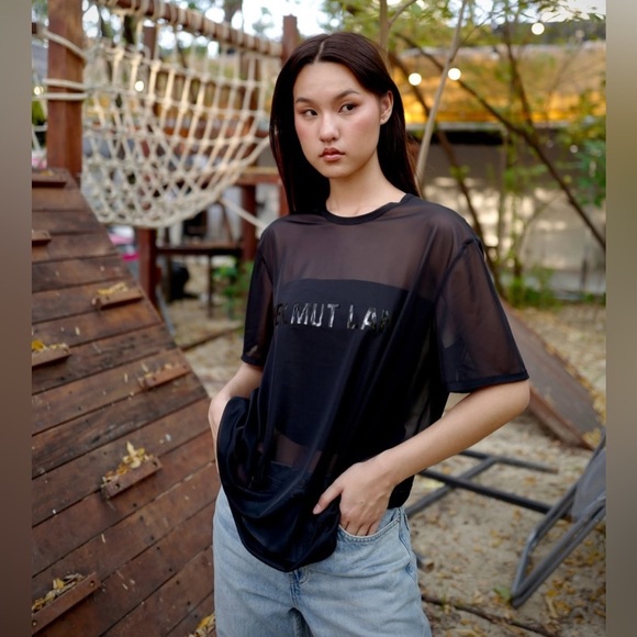 HELMUT LANG Unisex Short Sleeve Sheer Chiffon Logo Tee Size Medium NWT